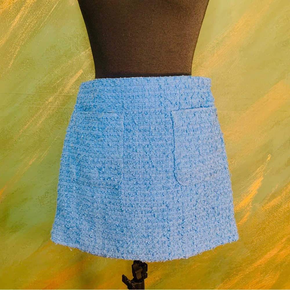 H&M high waisted mini skirt, tweed, teal blue.